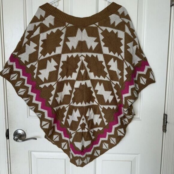 Woman’s Aztec Print Knit Sweater Short Sleeve Poncho Shawl Brown Pink White Sz M - Picture 3 of 9